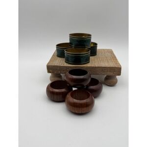 Vintage Napkin Rings Set of 4 Wood and 4 Green Enamel Brass Made in India